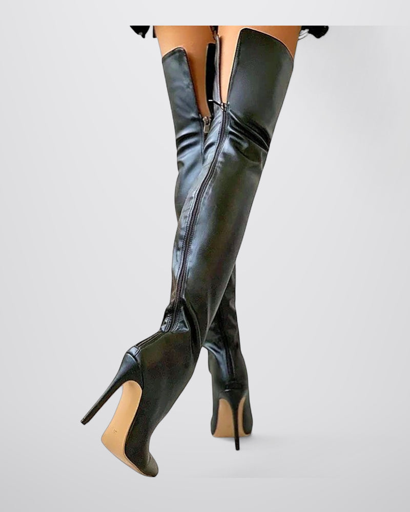Overknee Laarzen met Gouden Blokhak en Vegan Leer – Glamoureus & Comfortabel – Donna