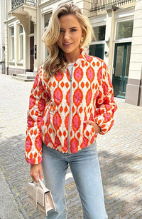 Oranje bomberjas dames met geometrische print, vooraanzicht