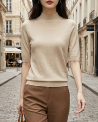 Dames Rib Gebreide Top met Korte Mouwen en Hoge Hals – Minimalistisch & Stijlvol – Elarine