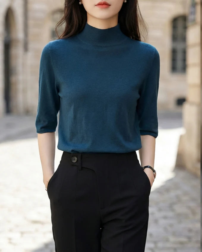 Dames Rib Gebreide Top met Korte Mouwen en Hoge Hals – Minimalistisch & Stijlvol – Elarine