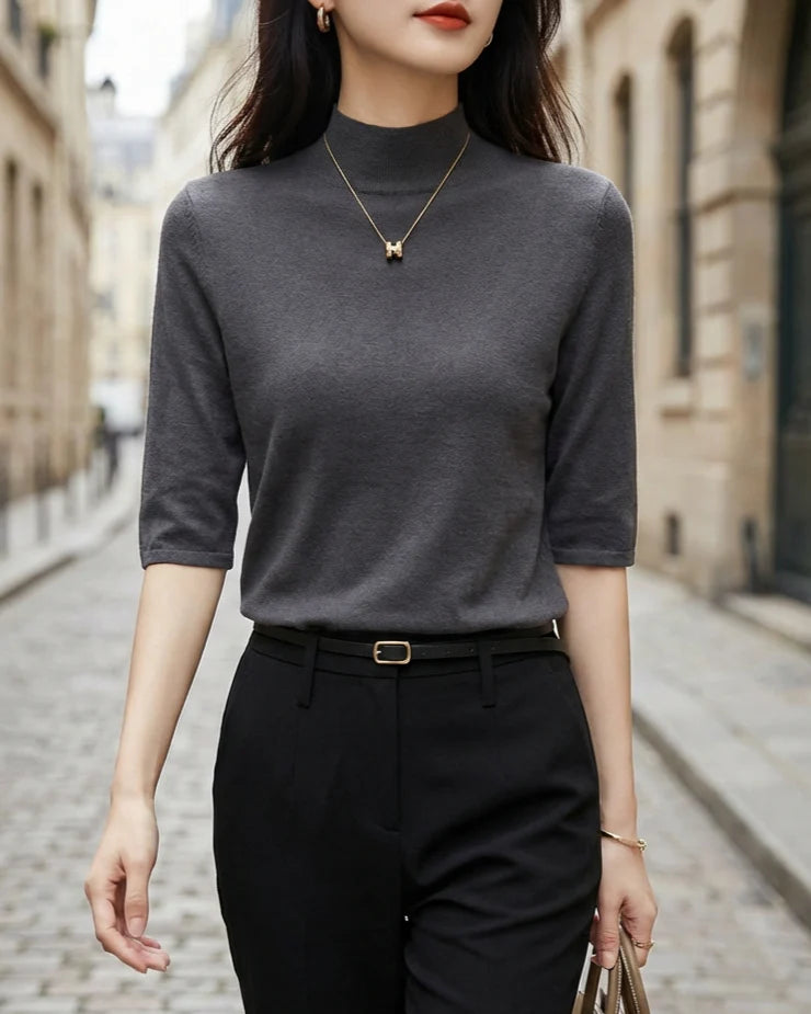 Dames Rib Gebreide Top met Korte Mouwen en Hoge Hals – Minimalistisch & Stijlvol – Elarine