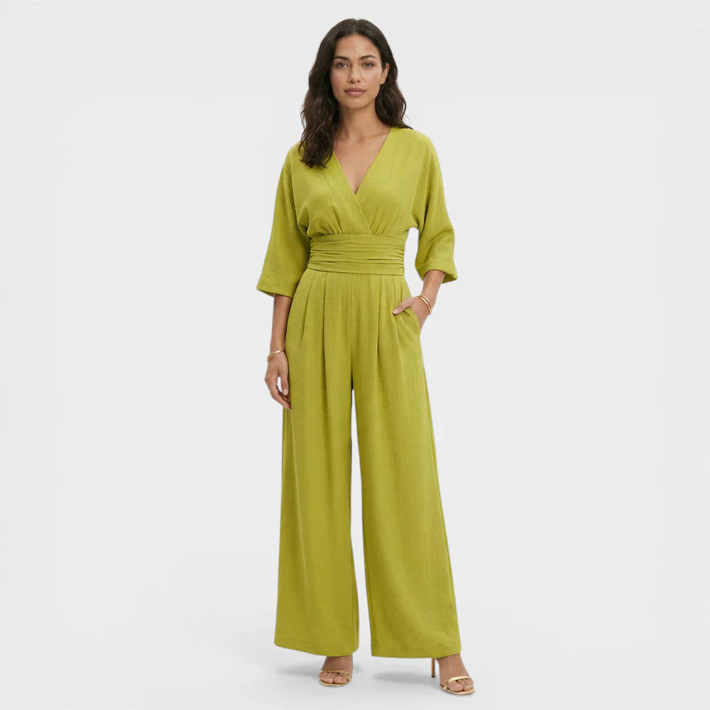 Jumpsuit met V-hals, Hoge Geplooide Taille en Wijde Pijpen – Elegant & Luchtig – Élodine