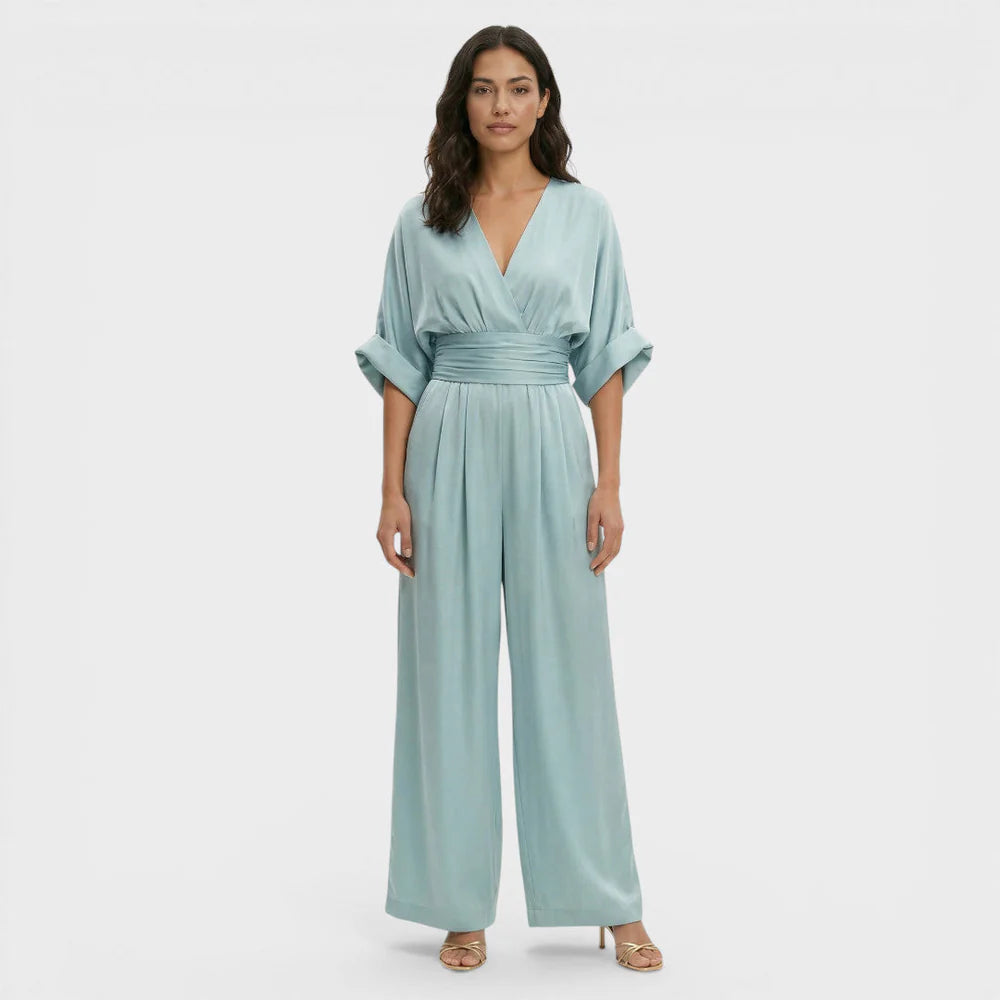 Jumpsuit met V-hals, Hoge Geplooide Taille en Wijde Pijpen – Elegant & Luchtig – Élodine