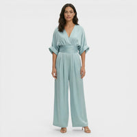 Jumpsuit met V-hals, Hoge Geplooide Taille en Wijde Pijpen – Elegant & Luchtig – Élodine
