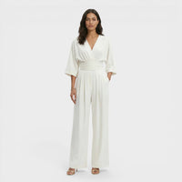 Jumpsuit met V-hals, Hoge Geplooide Taille en Wijde Pijpen – Elegant & Luchtig – Élodine