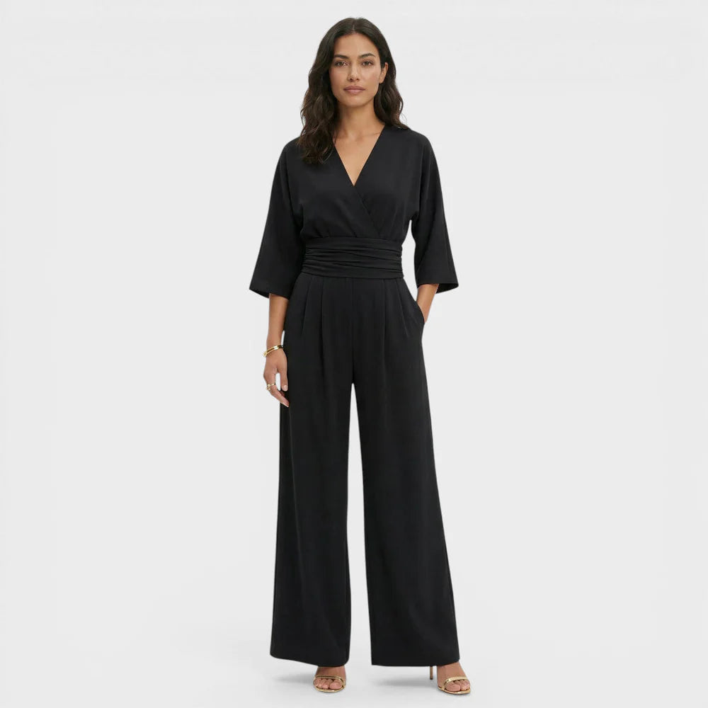 Jumpsuit met V-hals, Hoge Geplooide Taille en Wijde Pijpen – Elegant & Luchtig – Élodine