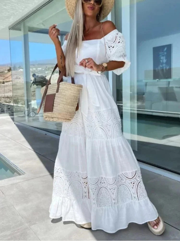 Dames Maxi Jurk met Kanten Details en Soepelvallende Pasvorm – Romantisch & Tijdloos – Elowenne