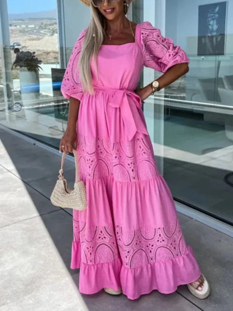 Dames Maxi Jurk met Kanten Details en Soepelvallende Pasvorm – Romantisch & Tijdloos – Elowenne
