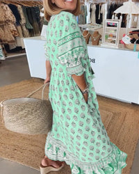 Boho Jurk met V-hals, Ballonmouwen en Bloemenprint – Romantisch & Vrouwelijk – Émilienne