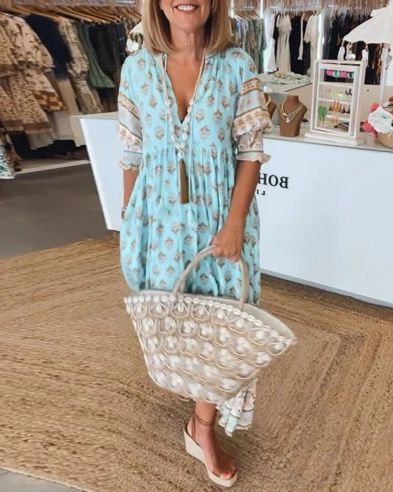 Boho Jurk met V-hals, Ballonmouwen en Bloemenprint – Romantisch & Vrouwelijk – Émilienne