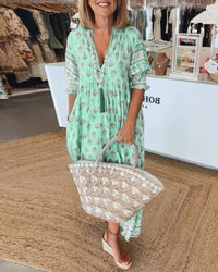 Boho Jurk met V-hals, Ballonmouwen en Bloemenprint – Romantisch & Vrouwelijk – Émilienne