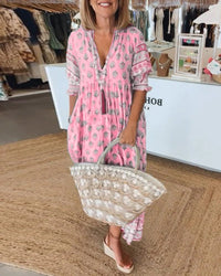 Boho Jurk met V-hals, Ballonmouwen en Bloemenprint – Romantisch & Vrouwelijk – Émilienne