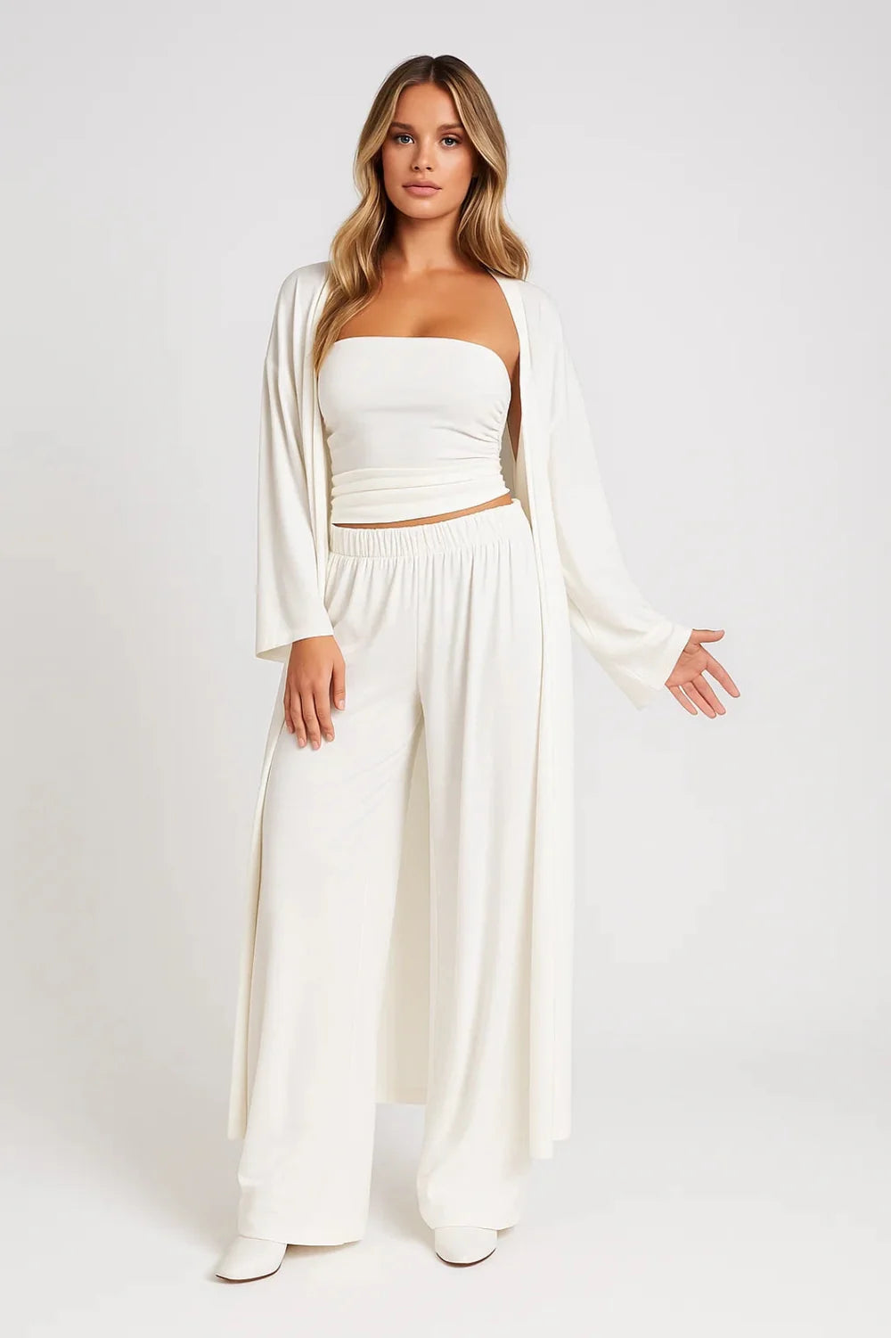 Driedelige Set met Strapless Top, Wijde Broek en Lange Cardigan – Minimalistisch & Veelzijdig – Emmelot