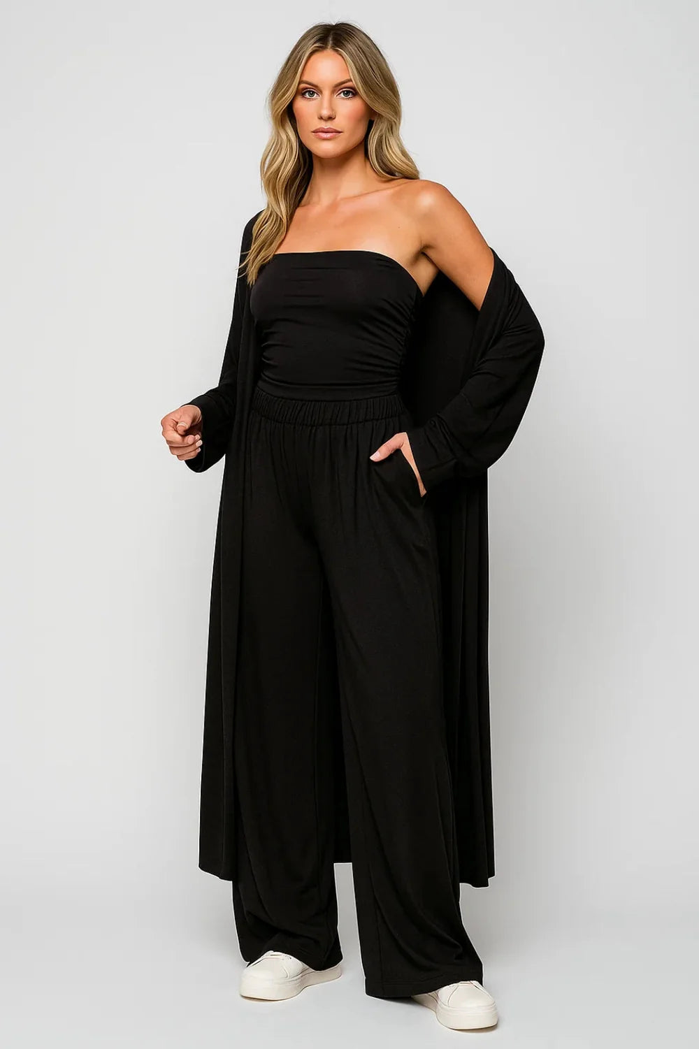 Driedelige Set met Strapless Top, Wijde Broek en Lange Cardigan – Minimalistisch & Veelzijdig – Emmelot