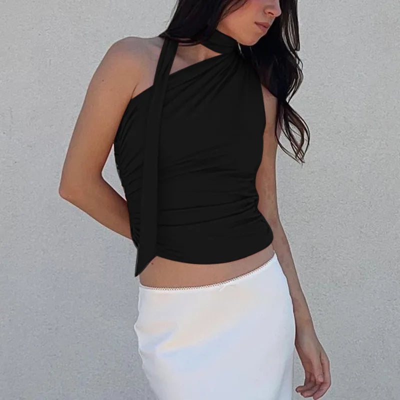 Halterneck Top met Asymmetrische Drapering en Geruchte Taille – Elegant & Flatterend – Fabienne