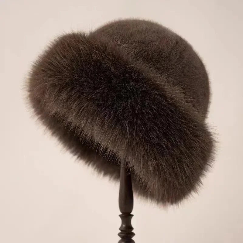 Donkerbruine faux fur muts dames met brede omgeslagen rand