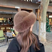 Lichtbruine faux fur muts dames met brede omgeslagen rand