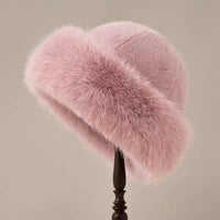 Roze faux fur muts dames met brede omgeslagen rand