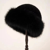 Zwarte faux fur muts dames met brede omgeslagen rand