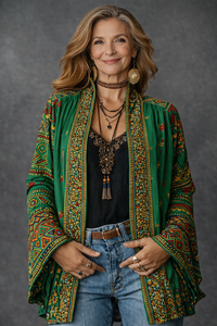 Fluweelzacht boho-vest voor dames met wijde mouwen in groen, vooraanzicht
