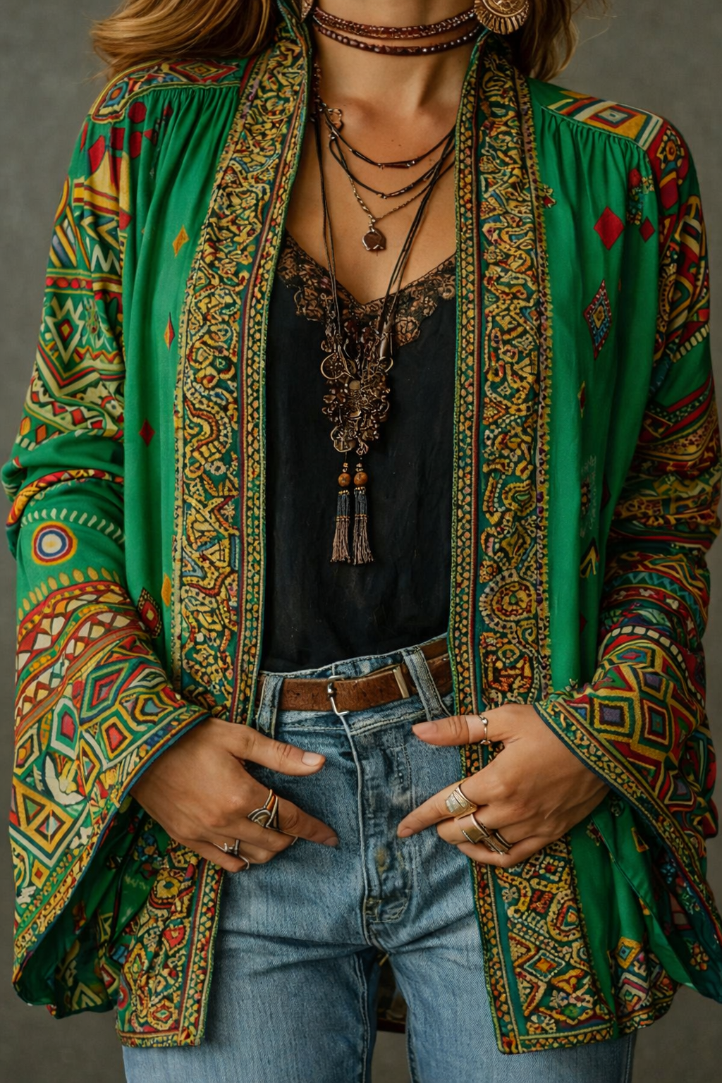 Fluweelzacht boho-vest voor dames met wijde mouwen in groen, close-up van het dessin
