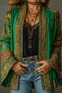 Fluweelzacht boho-vest voor dames met wijde mouwen in groen, close-up van het dessin