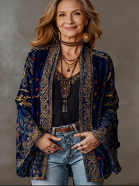 Fluweelzacht boho-vest voor dames met wijde mouwen in marineblauw, vooraanzicht
