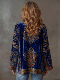 Fluweelzacht boho-vest voor dames met wijde mouwen in marineblauw, achteraanzicht