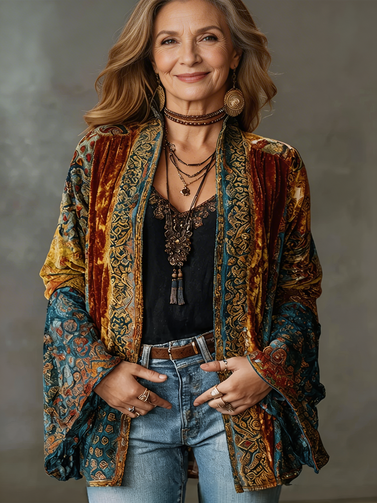Fluweelzacht boho-vest voor dames met wijde mouwen in roestbruin, vooraanzicht