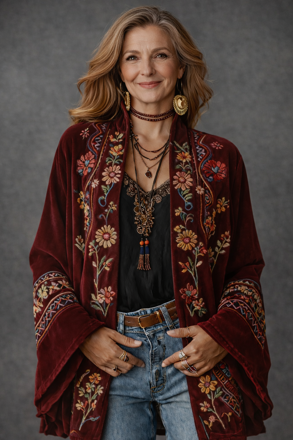 Fluweelzacht boho-vest voor dames met wijde mouwen in wijnrood, vooraanzicht