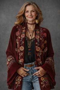 Fluweelzacht boho-vest voor dames met wijde mouwen in wijnrood, vooraanzicht