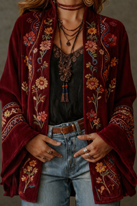 Fluweelzacht boho-vest voor dames met wijde mouwen in wijnrood, close-up van het bloemenborduursel