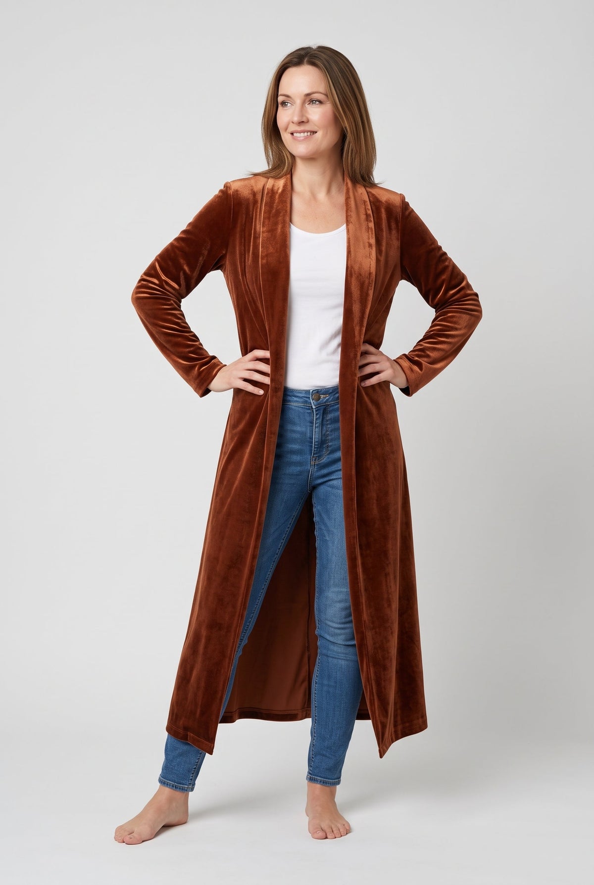 Lange fluwelen kimono-jas voor dames in cognac met sjaalkraag