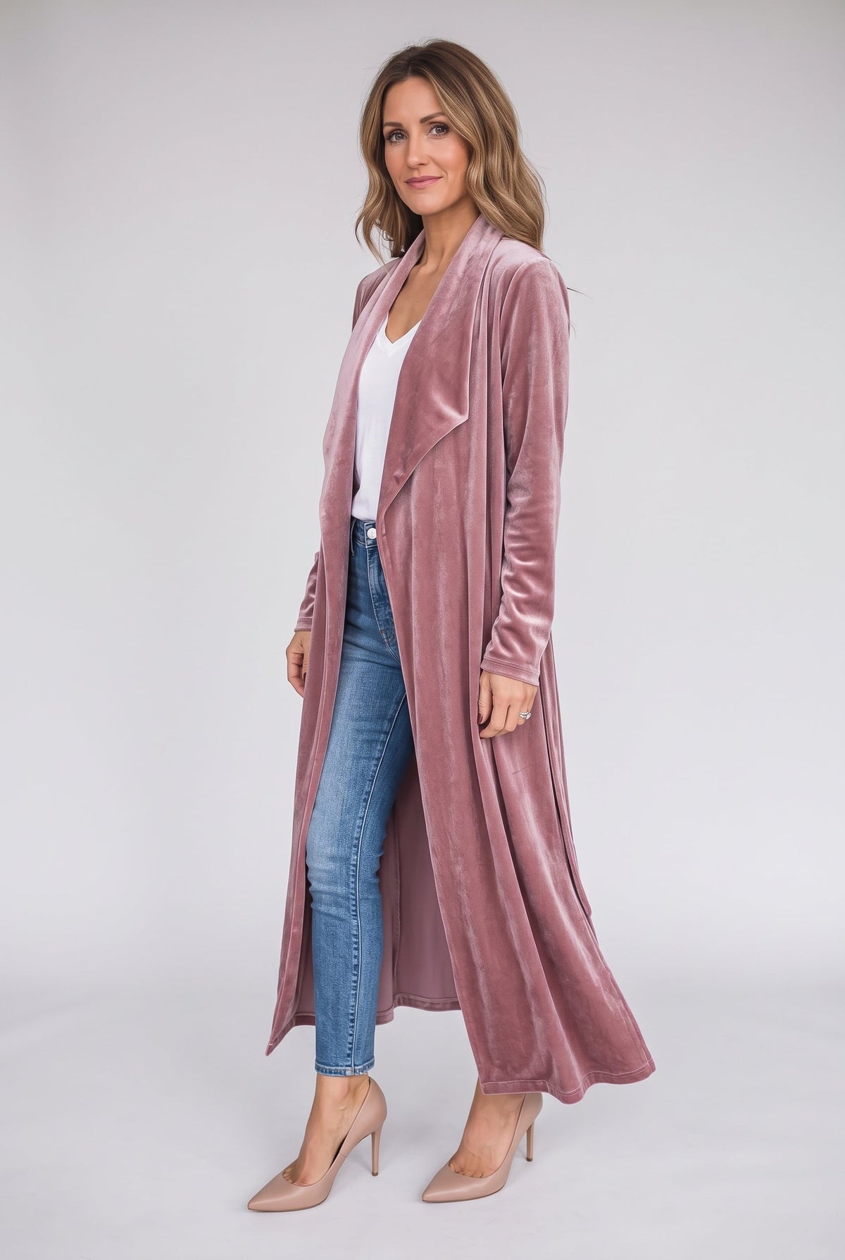 Lange fluwelen kimono-jas voor dames in oudroze met sjaalkraag