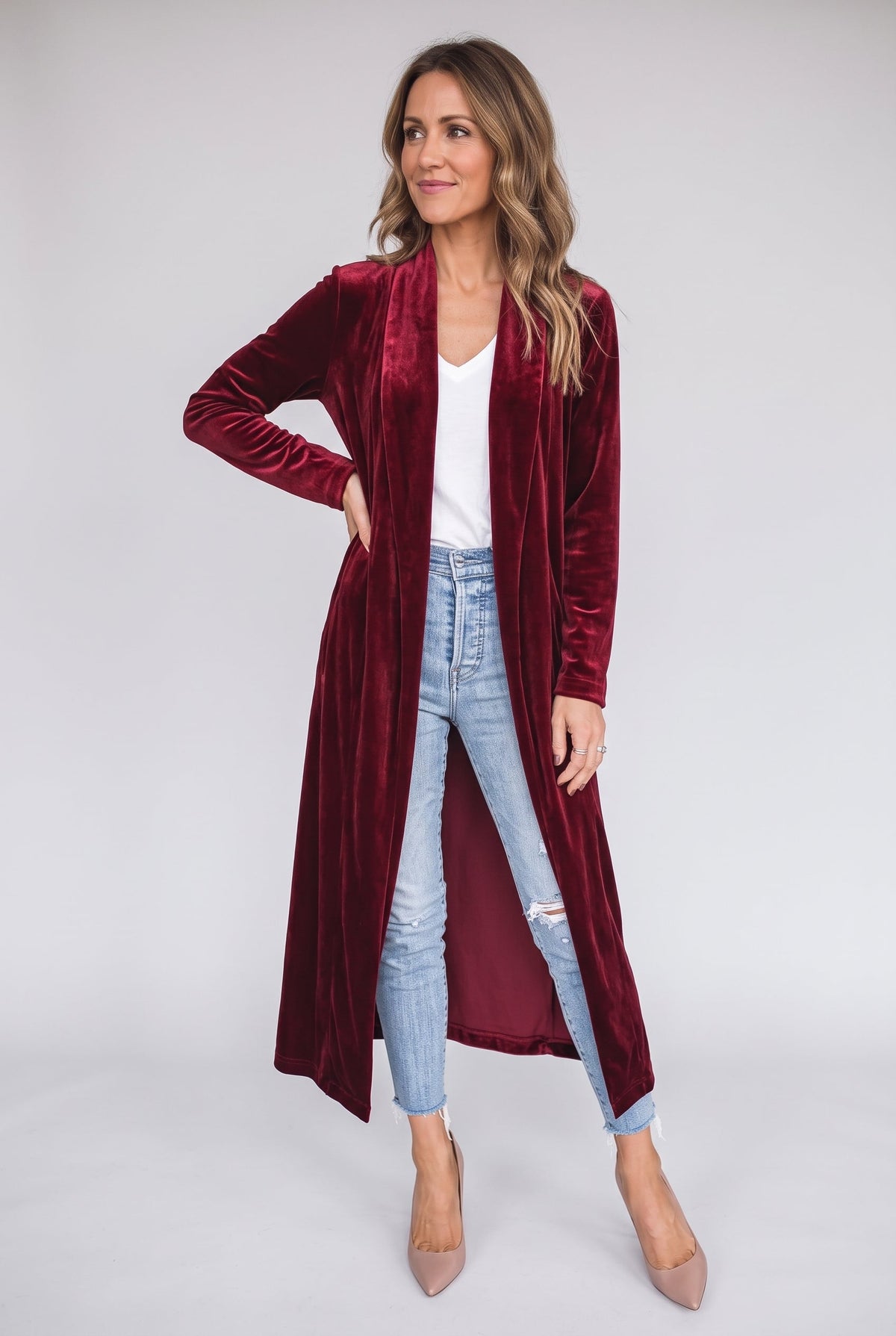 Lange fluwelen kimono-jas voor dames in wijnrood met sjaalkraag
