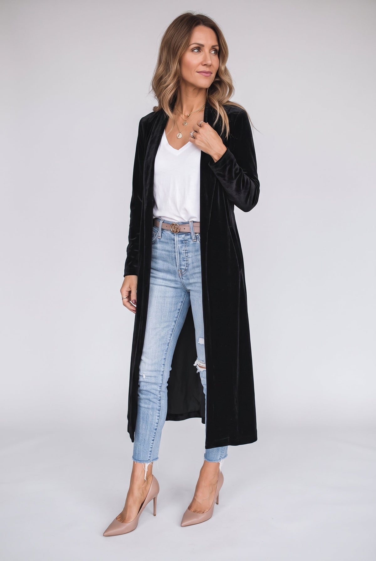 Lange fluwelen kimono-jas voor dames in zwart met sjaalkraag