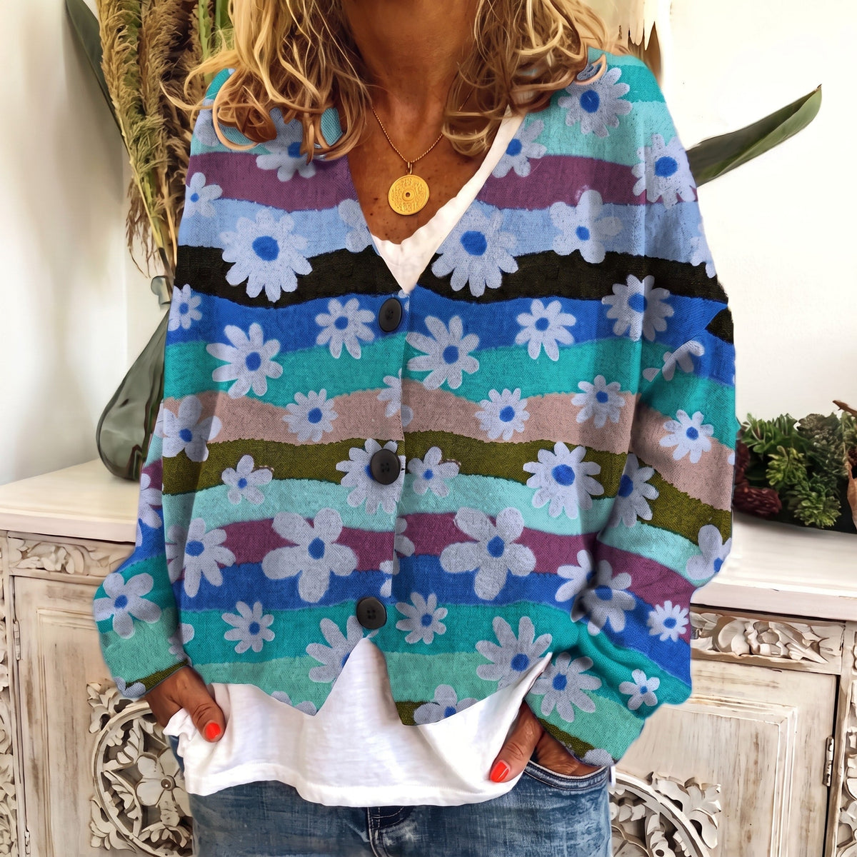 Gebloemd gebreid dames vest met V-hals in blauw