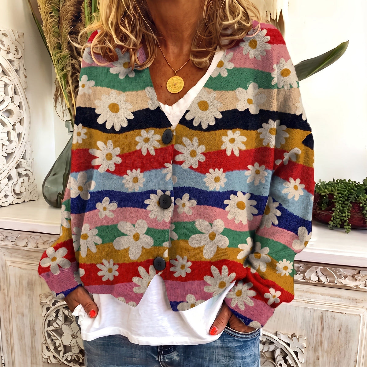 Gebloemd gebreid dames vest met V-hals in multicolor