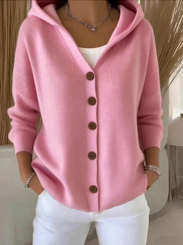 Roze gebreid vest met capuchon en knoopsluiting voor dames