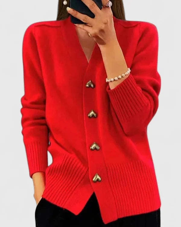Rood gebreid vest voor dames met hartvormige knopen in goudkleur