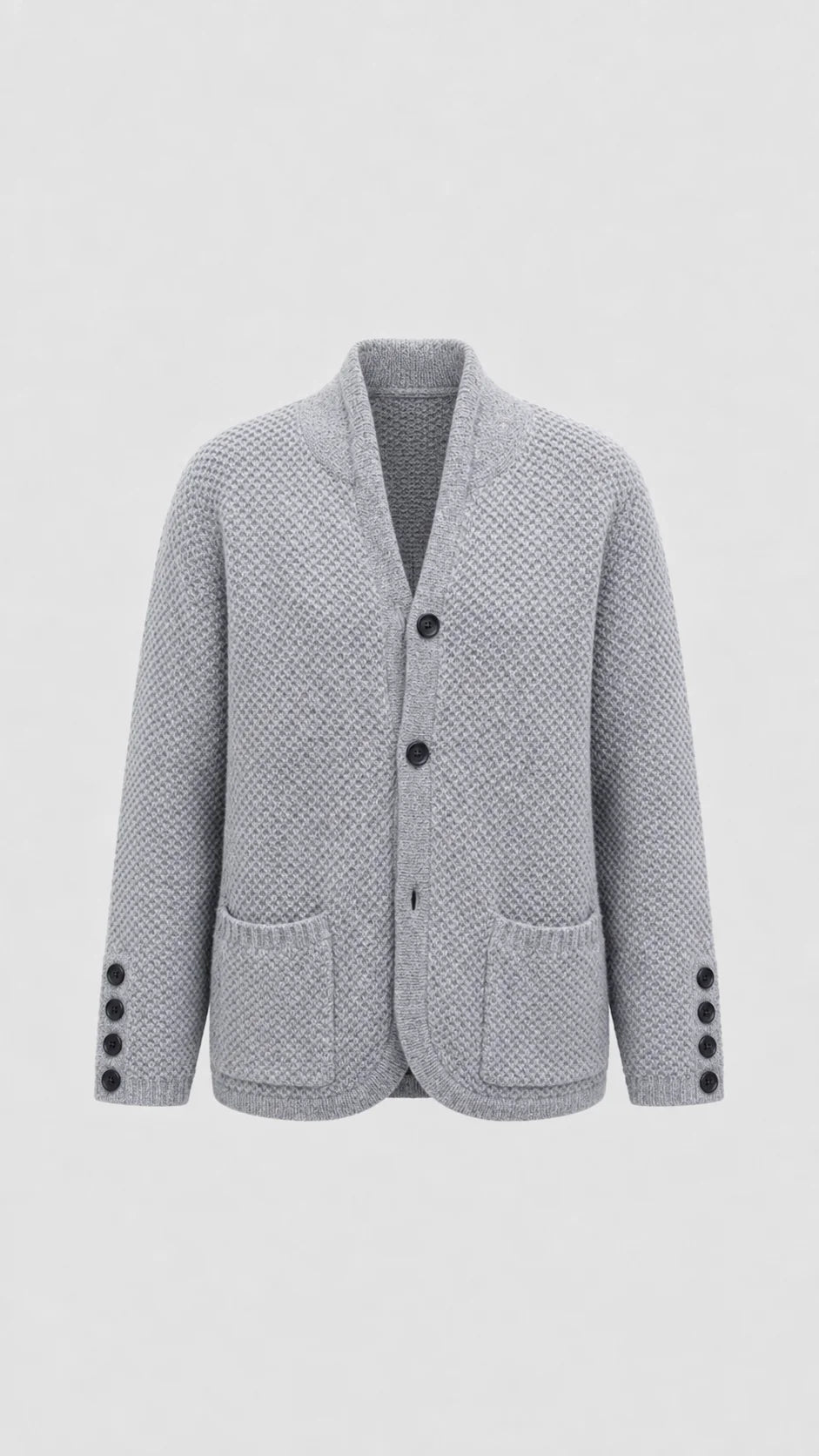 Gebreid vest dames in grijs met sjaalkraag, productfoto vooraanzicht