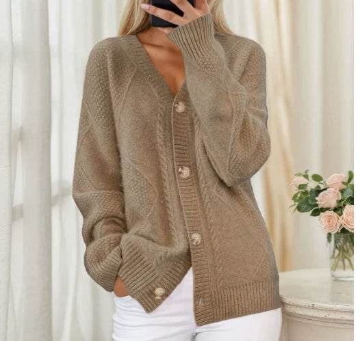 Camel gebreid dames vest met lange mouwen en V-hals
