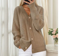 Camel gebreid dames vest met lange mouwen en V-hals