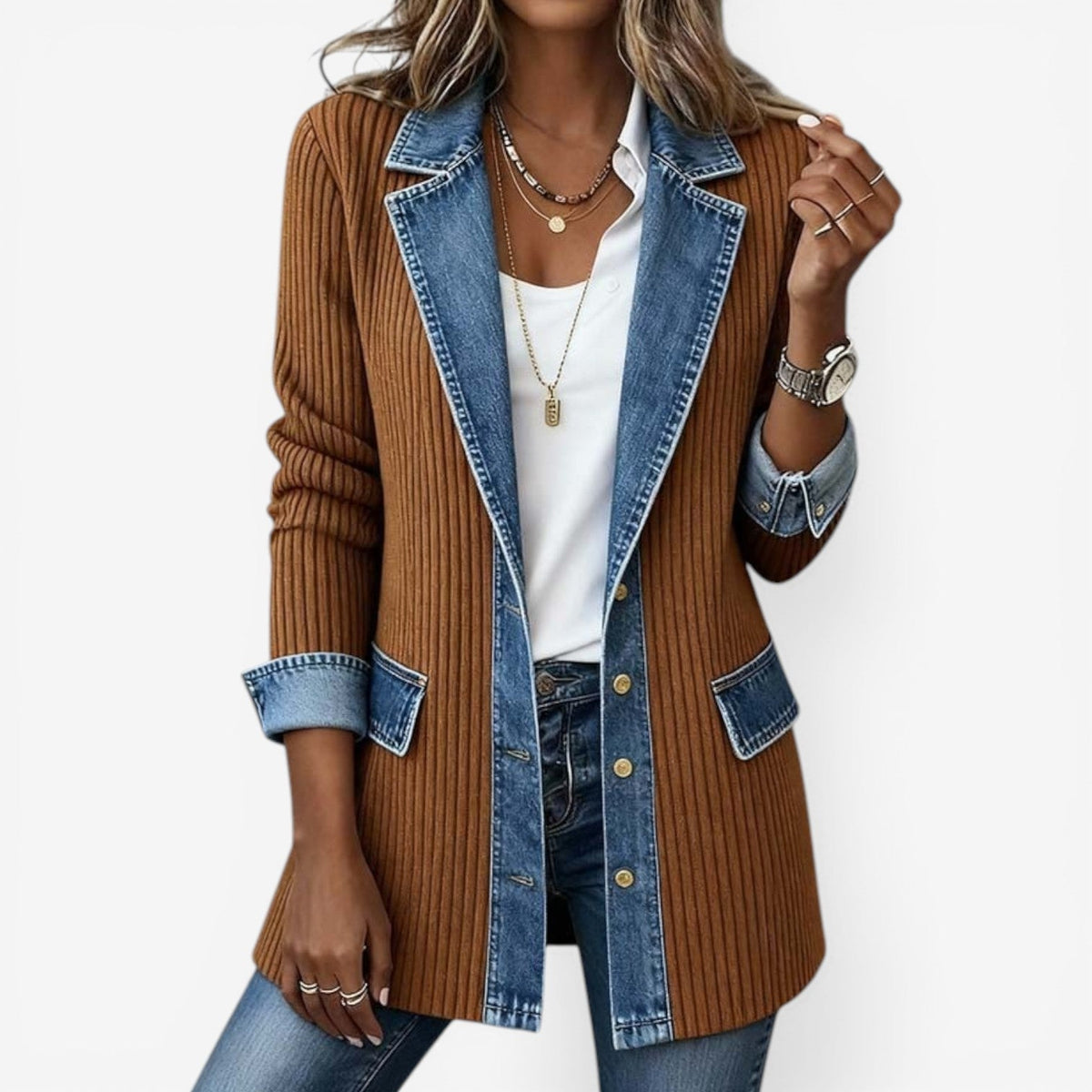 Camel gebreid dames vest met denim revers en knoopsluiting