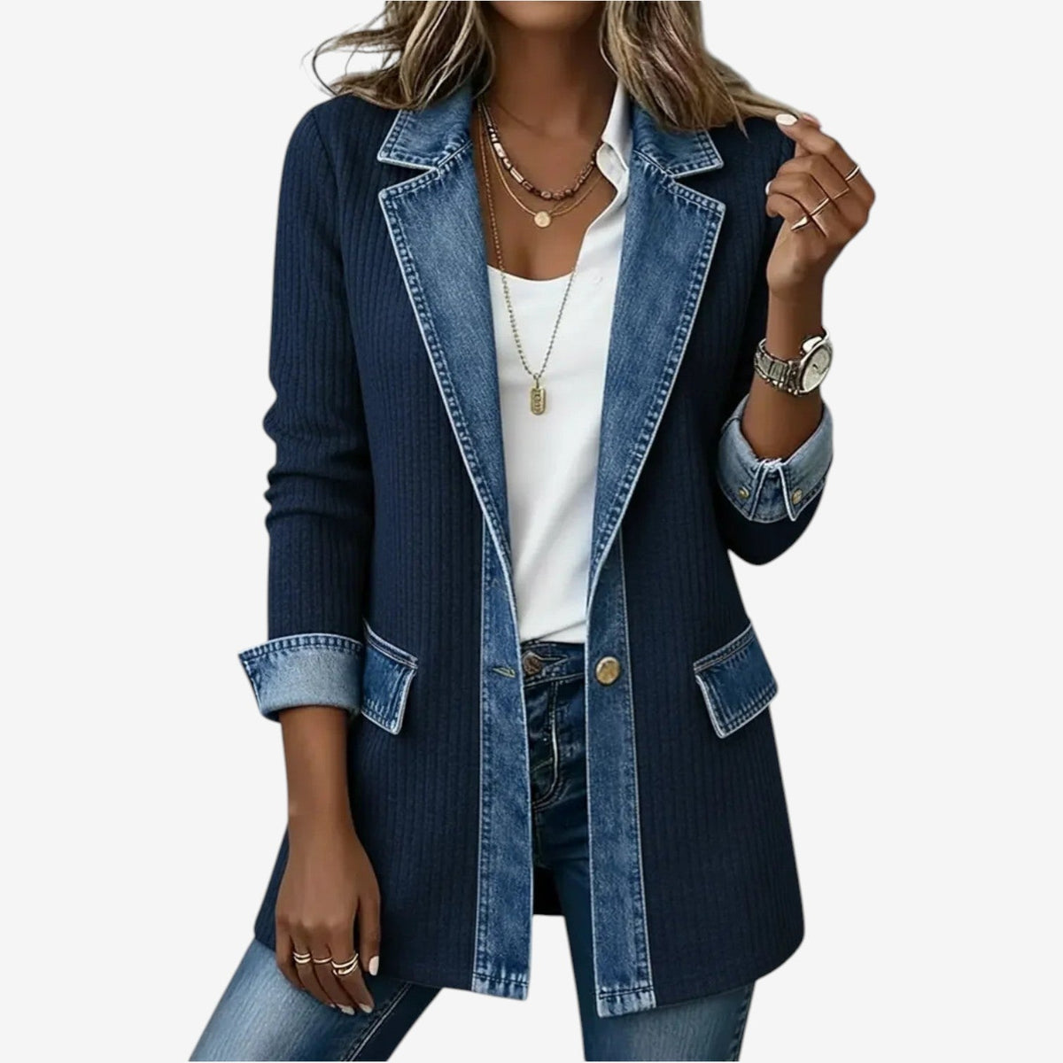 Marineblauw gebreid dames vest met denim revers en knoopsluiting