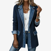 Marineblauw gebreid dames vest met denim revers en knoopsluiting