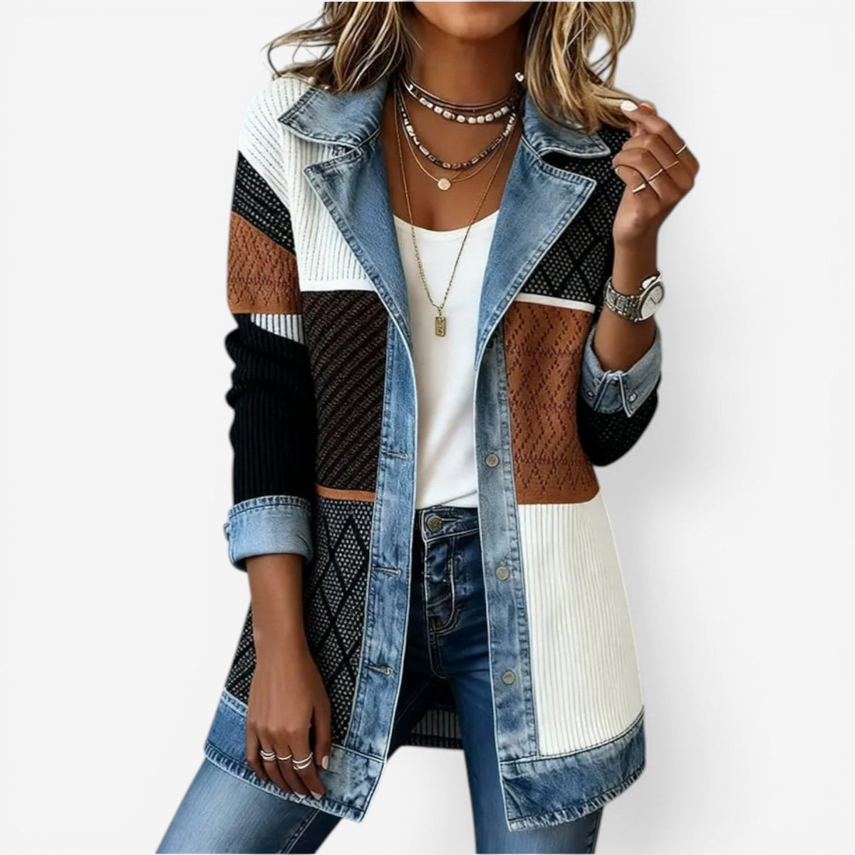 Multicolor patchwork gebreid dames vest met denim revers en knoopsluiting