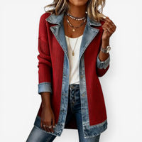 Rood gebreid dames vest met denim revers en knoopsluiting