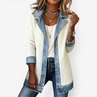 Wit gebreid dames vest met denim revers en knoopsluiting