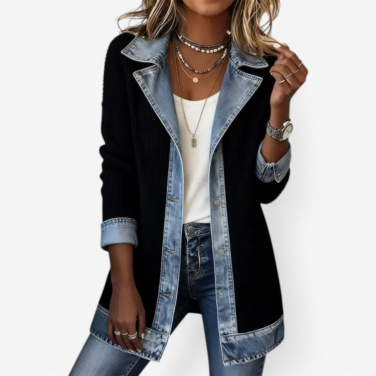 Zwart gebreid dames vest met denim revers en knoopsluiting